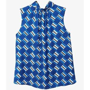 Mango Blue Graphic Halter Tie Neck Top Sleeveless Silky Blouse Women's Small